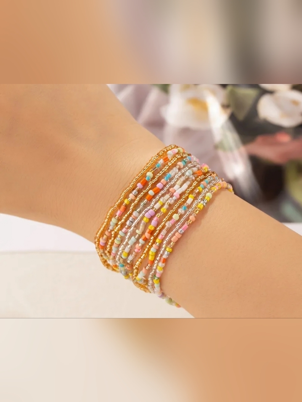 11 Pcs Set Trendy Gold Multicolor Glass Beaded Bracelets NIP.